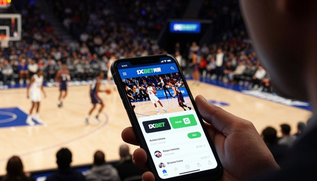 A close-up view of a smartphone displaying the 1xbet app interface with NBA live streaming. The background features an illuminated basketball court, showcasing players in motion during an intense game. The foreground highlights the smartphone held by a person in professional attire, presenting a focused and engaged expression. The lighting is cinematic, with a warm glow emphasizing the energy of the game while creating a dynamic atmosphere. The app interface clearly shows the live betting options for the ongoing NBA game, and the brand name "1xbet 台灣實戰" is subtly integrated into the scene. The overall mood is exciting and action-packed, perfect for illustrating a modern approach to sports betting.
