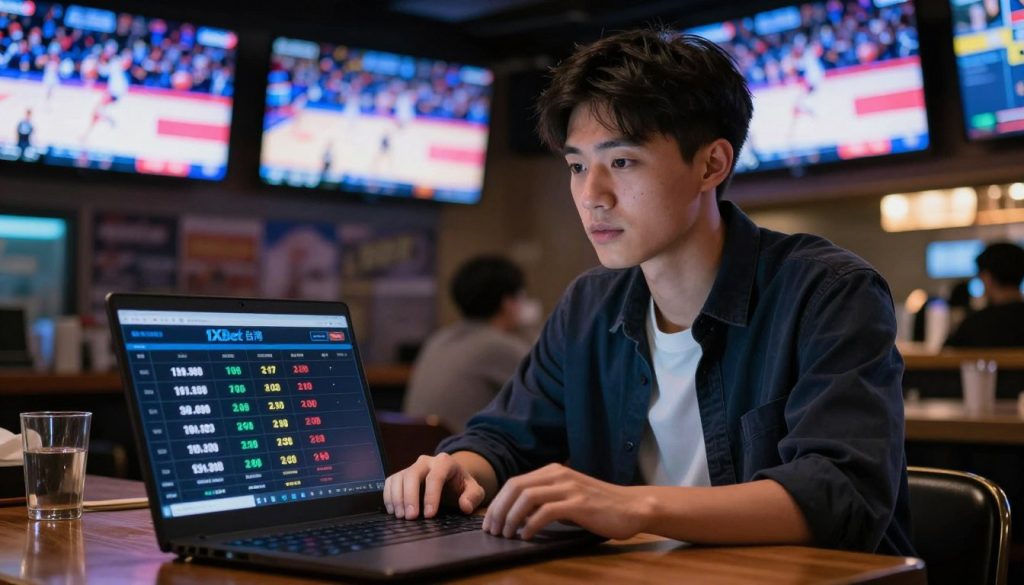 A realistic scene of a young Taiwanese man in a sports bar, intently watching an NBA live broadcast. The foreground features a laptop on the table displaying high odds numbers from "1xbet 台灣," reflecting a sense of opportunity and profit. In the middle, the man is dressed in smart casual attire, focused and engaged with a look of anticipation. The background showcases an exciting basketball game on multiple screens, with vibrant colors and dynamic lighting creating an energetic atmosphere. Soft bar lighting highlights the excitement, while reflections of the game and odds create a layered, immersive experience. The overall mood emphasizes the thrill of betting and the seamless transaction process associated with it.