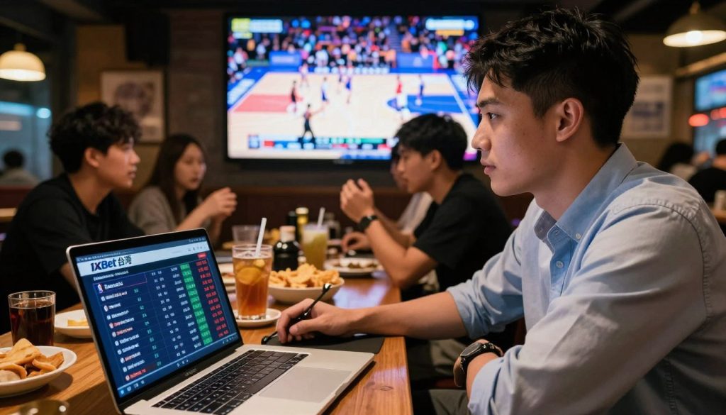 A realistic scene set in a vibrant sports bar in Taiwan, showcasing a young Taiwanese man in casual business attire, intently watching an NBA live broadcast. The foreground features a laptop displaying attractive high odds numbers from "1xbet 台灣," illustrating the betting advantages. In the middle ground, a table cluttered with sports-themed items and snacks enhances the atmosphere, while friends share the excitement. The background captures a lively basketball match, with dynamic lighting highlighting the action on screen, creating an engaging and energetic mood. The composition should evoke a sense of thrill and opportunity in sports betting, emphasizing the potential for profit while maintaining clarity and focus on the scene's details.