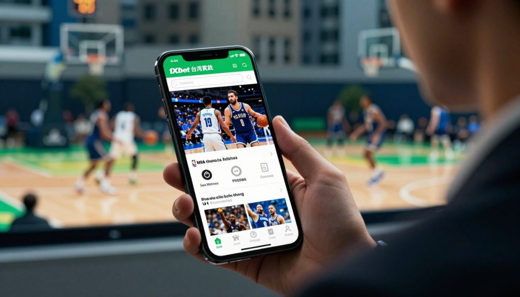 A sleek smartphone prominently displays the 1xbet app, showcasing an NBA live stream interface. The foreground features the phone held by a person in professional business attire, conveying a sense of focus and engagement. In the middle ground, a vibrant basketball court is visible, with players energetically competing, enhancing the dynamic feel of the scene. The background is a blurred but recognizable urban environment, suggesting connectivity and technology, with subtle tones of blue and green to evoke a modern atmosphere. Soft cinematic lighting casts warm highlights on the phone screen, creating a contrast that draws the viewer’s eye. The overall mood is one of excitement and opportunity, capturing the essence of accessing international betting platforms from Taiwan. Include the brand name "1xbet 台灣實戰" subtly integrated into the smartphone display design.